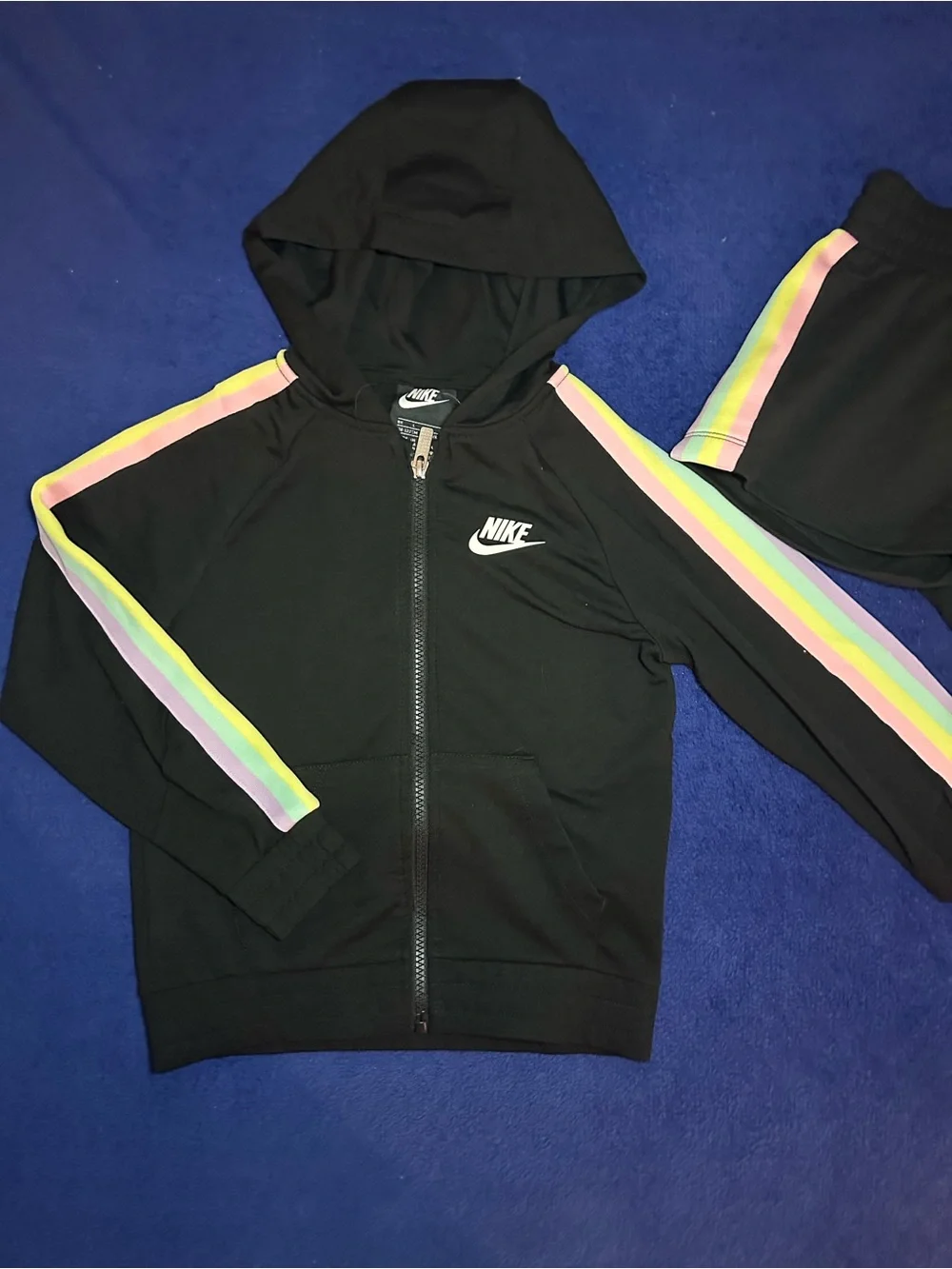 New Nike Girls Black/Pastel Stripe Hoody & Shorts Summer Set Size 6X NWT